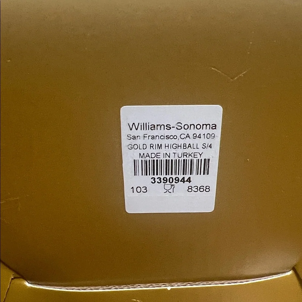 NEW Williams Sonoma Clear Highball Glasses with 24k Gold Rim detail, Set of 4